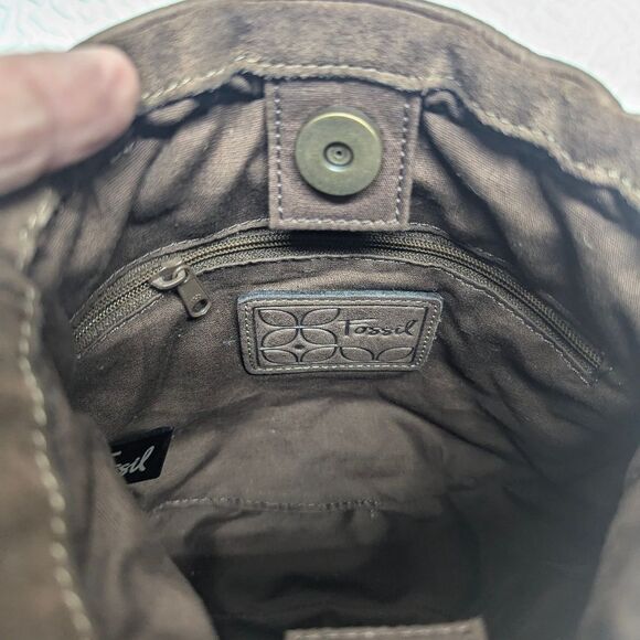FOSSIL | Patchwork and Leather Drawstring Bag with Key FOB and Tassles - Picture 5 of 12